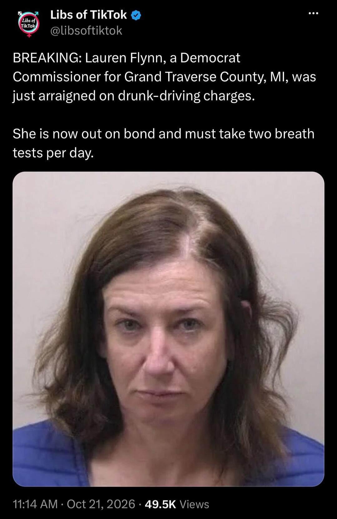 BREAKING: Lauren Flynn, a Democrat Commissioner for Grand Traverse County, MI, was just arraigned on drunk-driving charges. She is now out on bond and must take two breath tests per day.
