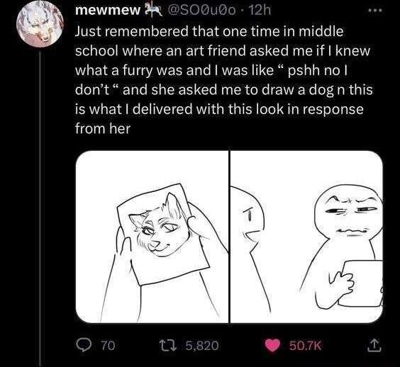 mewmew 3 Just remembered that one time in middle school where an art friend asked me if knew what a furry was and was like pshh no dont and she asked me to draw a dog n this is what delivered with this look in response from her
