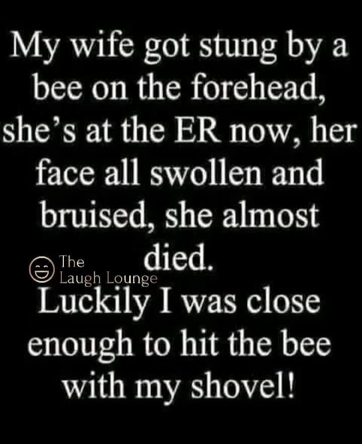 My wife got stung by a bee on the forehead, she’s at the ER now, her face all swollen and bruised, she almost died. Luckily I was close to hit the bee with my shovel!