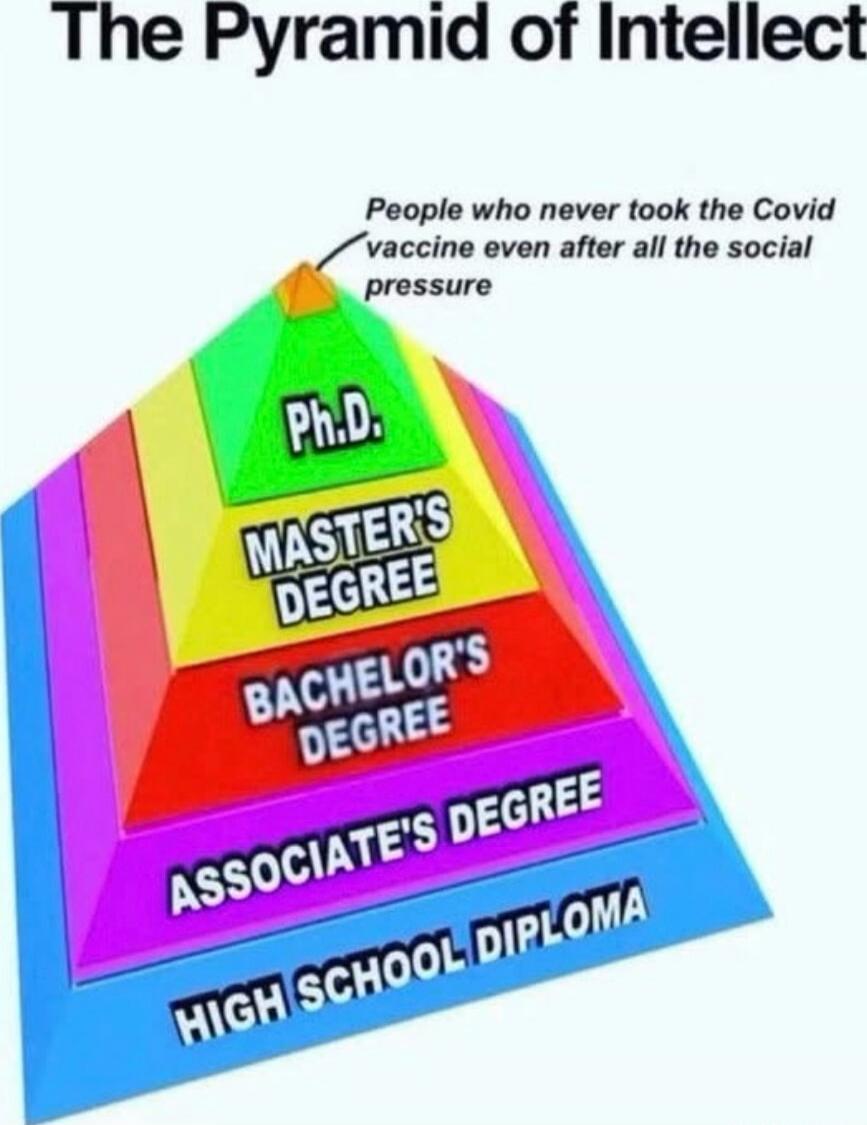 The Pyramid of Intellectual
People who never took the Covid vaccine even after all the social pressure
PH.D
MASTER'S DEGREE
BACHELOR'S DEGREE
ASSOCIATE'S DEGREE
HIGH SCHOOL DIPLOMA