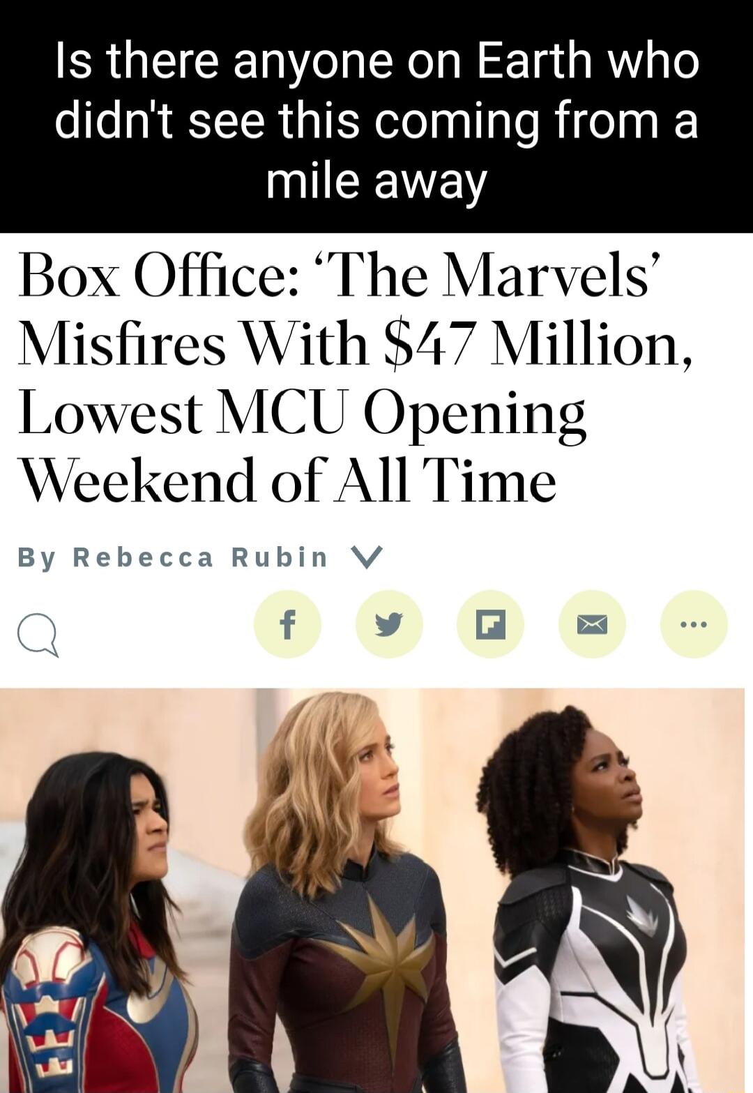 ERGEICETN Y R N 1a s A T6 didnt see this coming from a mile away Box Office The Marvels Misfires With 47 Million Lowest MCU Opening Weekend of All Time By Rebecca Rubin V