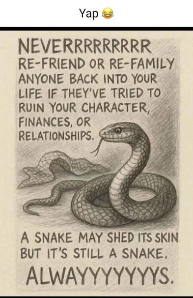 NEVERRRRRRRRE-FRIEND OR RE-FAMILY ANYONE BACK INTO YOUR LIFE IF THEY'VE TRIED TO RUIN YOUR CHARACTER, FINANCES, OR RELATIONSHIPS. A SNAKE MAY SHED ITS SKIN BUT IT'S STILL A SNAKE. ALWAYYYYYYYS.