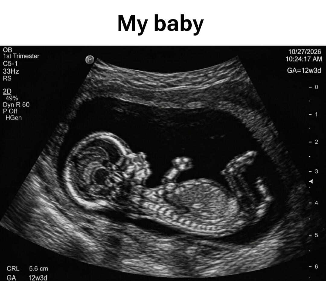 My baby OB 1st Trimester C5-1 33Hz RS 2D 49% Dyn R 60 P Off HGen 10/27/2026 10:24:17 AM GA=12w3d CRL 5.6 cm GA 12w3d