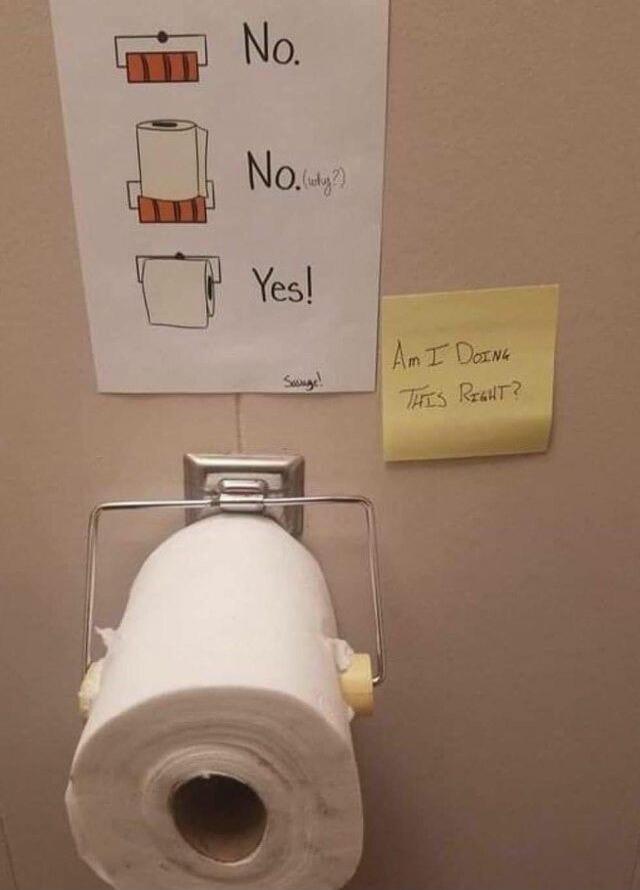 Poster on bathroom wall showing toilet paper orientation: top illustration labeled 'No.' followed by another 'No.' illustration, and a bottom illustration labeled 'Yes!'. A sticky note nearby reads 'Am I doing this right?'. A toilet paper roll is mounted on the holder below.