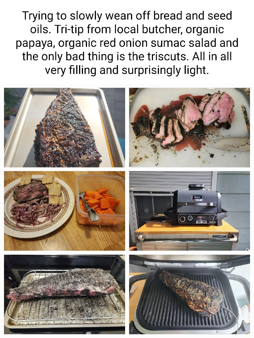 Trying to slowly wean off bread and seed oils Tri tip from local butcher organic papaya organic red onion sumac salad and the only bad thing is the triscuts All in all very filling and surprisingly light