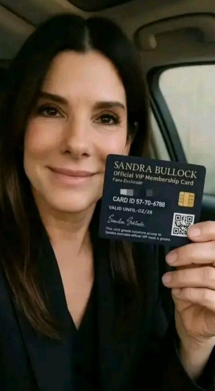 Sandra Bullock is holding an official VIP membership card for her fans. The card displays 'SANDRA BULLOCK Official VIP Membership Card', 'Fans Exclusive', 'CARD ID 57-70-6788', 'VALID UNTIL 02/28', and a signature 'Sandra Bullock'. It also states that 'This card grants exclusive access to Sandra Bullock's official VIP fan club. A must-have for a gr
