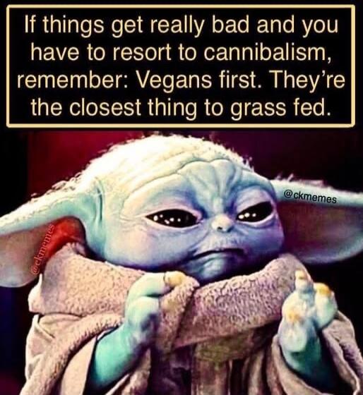 If things get really bad and you have to resort to cannibalism, remember: Vegans first. They're the closest thing to grass fed.