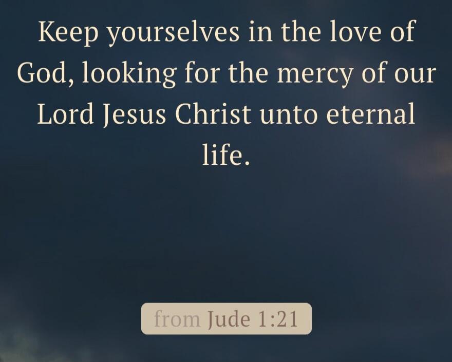 Keep yourselves in the love of God, looking for the mercy of our Lord Jesus Christ unto eternal life.
from Jude 1:21