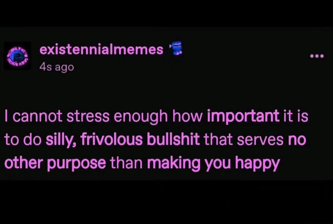 re existennialmemes S 4sago cannot stress enough how important it is to do silly frivolous bullshit that serves no other purpose than making you happy