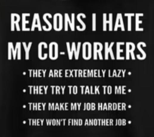 REASONS I HATE MY CO-WORKERS. THEY ARE EXTREMELY LAZY. THEY TRY TO TALK TO ME. THEY MAKE MY JOB HARDER. THEY WON'T FIND ANOTHER JOB.