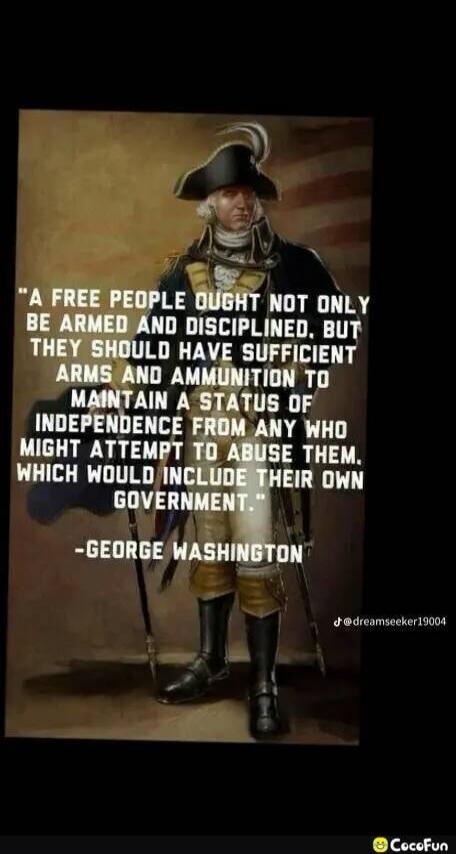 A FREE PEOPLE OUGHT NOT ONLY BE ARMED AND DISCIPLINED, BUT THEY SHOULD HAVE SUFFICIENT ARMS AND AMMUNITION TO MAINTAIN A STATUS OF INDEPENDENCE FROM ANY WHO MIGHT ATTEMPT TO ABUSE THEM, WHICH WOULD INCLUDE THEIR OWN GOVERNMENT. -GEORGE WASHINGTON