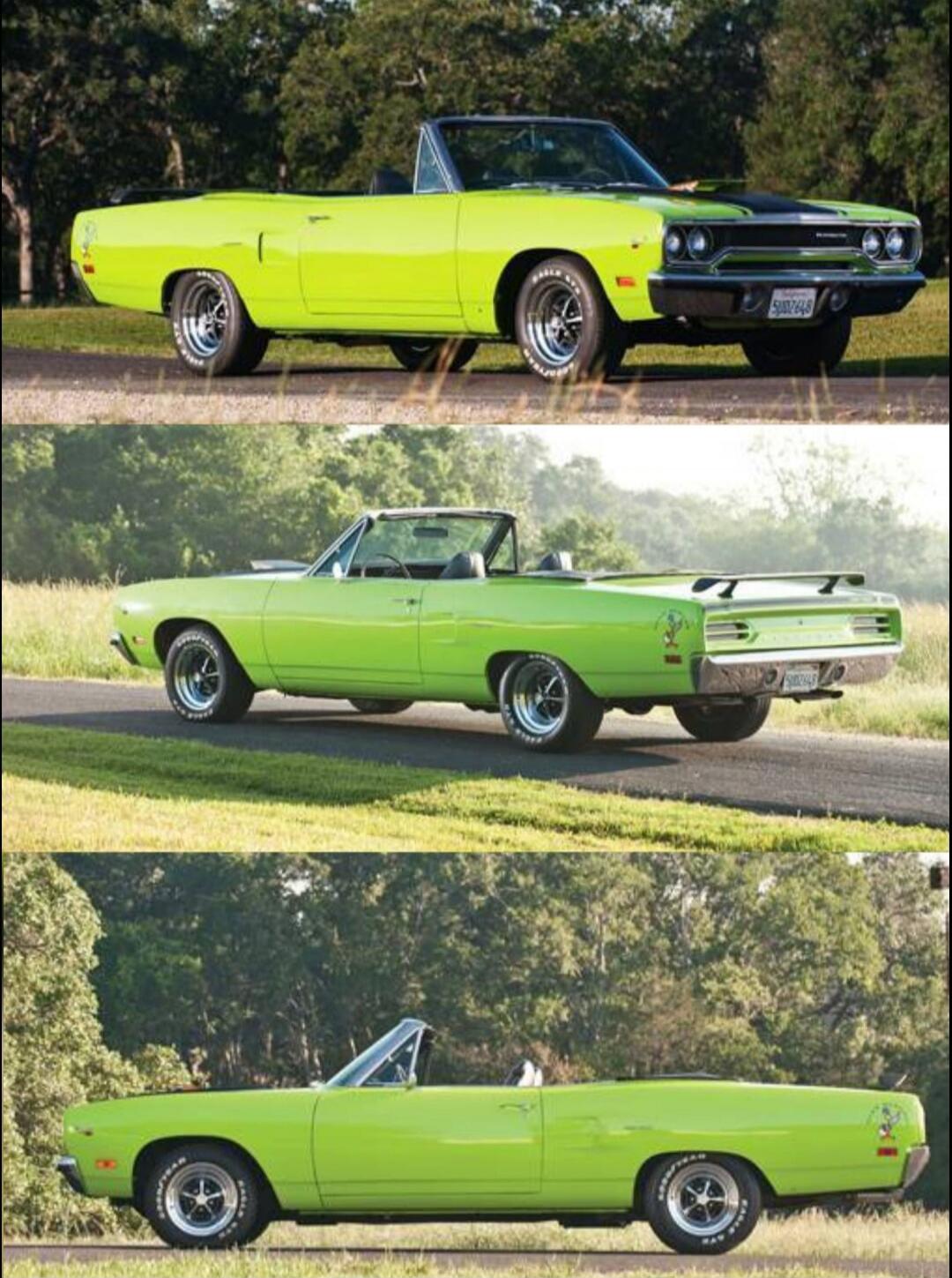 A vibrant lime green classic American muscle car convertible, possibly a 1970 Plymouth Road Runner, is showcased from three different angles. The car features a black convertible top and classic chrome wheels, parked on an asphalt road with a natural, tree-lined background.