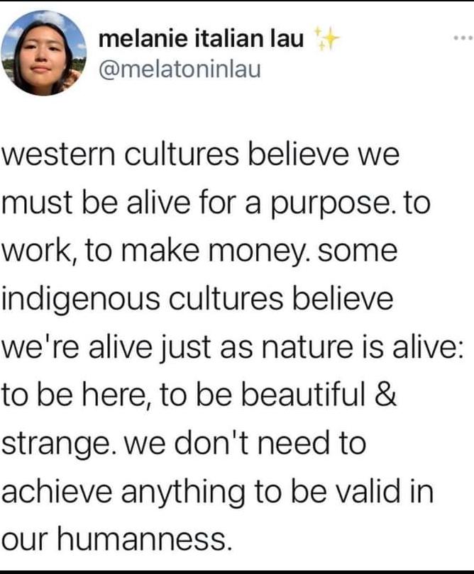 melanie italianlau melatoninlau western cultures believe we must be alive for a purpose to work to make money some indigenous cultures believe were alive just as nature is alive to be here to be beautiful strange we dont need to achieve anything to be valid in our humanness