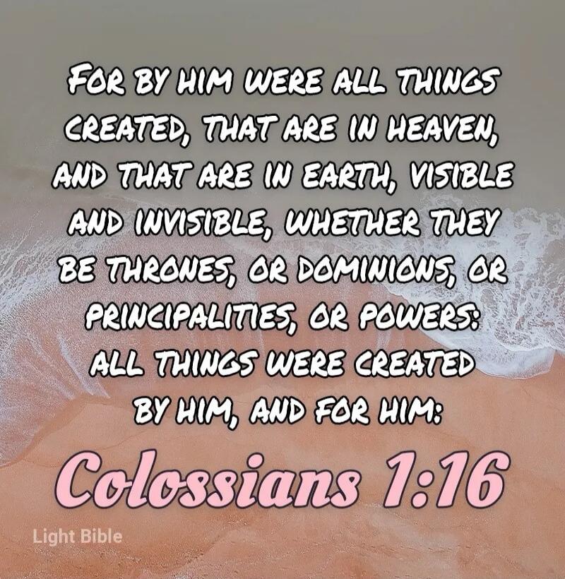 FOR BY HIM WERE ALL THINGS CREATED, THAT ARE IN HEAVEN, AND THAT ARE IN EARTH, VISIBLE AND INVISIBLE, WHETHER THEY BE THRONES, OR DOMINIONS, OR PRINCIPALITIES, OR POWERS: ALL THINGS WERE CREATED BY HIM, AND FOR HIM: Colossians 1:16 Light Bible