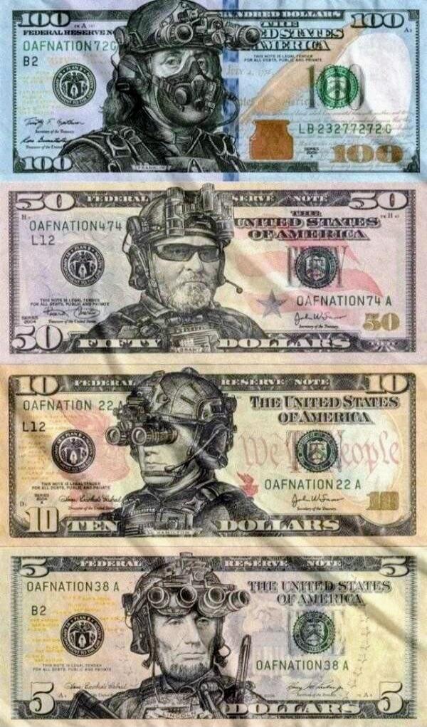 A collage of stylized US currency notes featuring soldiers with night-vision goggles. Visible denominations include 100, 50, 10, and 5 dollars. The notes display phrases like 'THE UNITED STATES OF AMERICA' and other typical currency markings, but with illustrated military imagery.