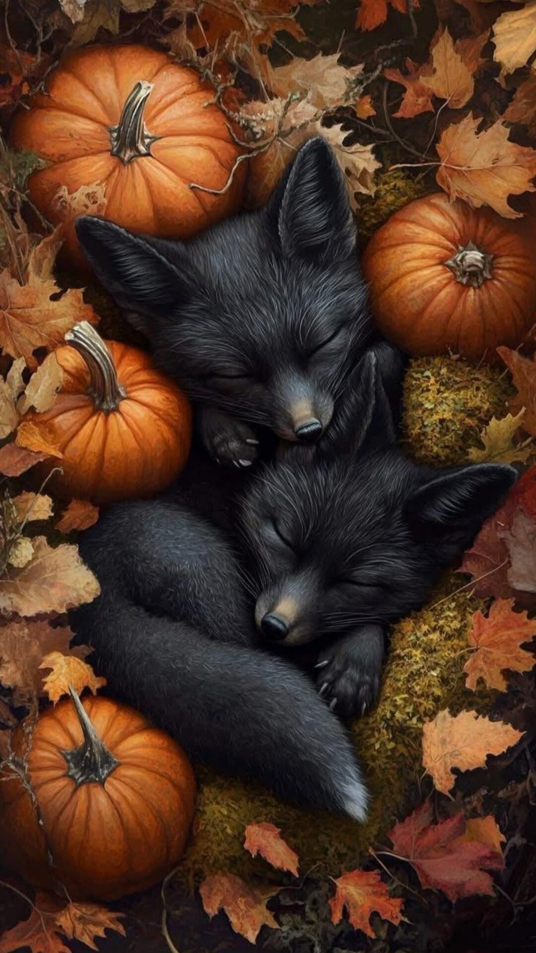 Two small black fox kits sleeping among pumpkins and autumn leaves.