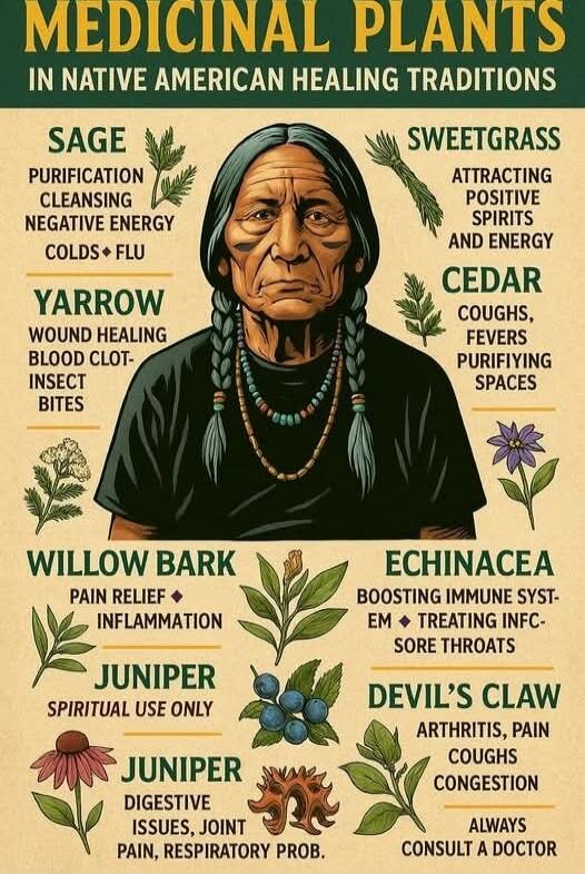 MEDICINAL PLANTS IN NATIVE AMERICAN HEALING TRADITIONS
SAGE — Purification, Cleansing, Negative Energy, Colds + Flu
YARROW — Wound Healing, Blood Clot, Insect Bites
WILLOW BARK — Pain Relief, Inflammation
JUNIPER — Spiritual Use Only
JUNIPER — Digestive Issues, Joint Pain, Respiratory Problems
SWEETGRASS — Attracting Positive Spirits and Energy
CED