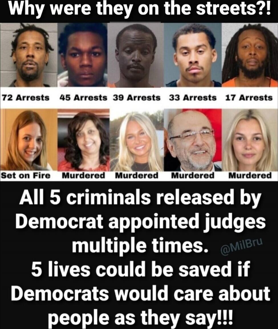 Why were they on the streets?! 72 Arrests 45 Arrests 39 Arrests 33 Arrests 17 Arrests Set on Fire Murdered Murdered Murdered Murdered Murdered All 5 criminals released by Democrat appointed judges multiple times. 5 lives could be saved if Democrats would care about people as they say!!!