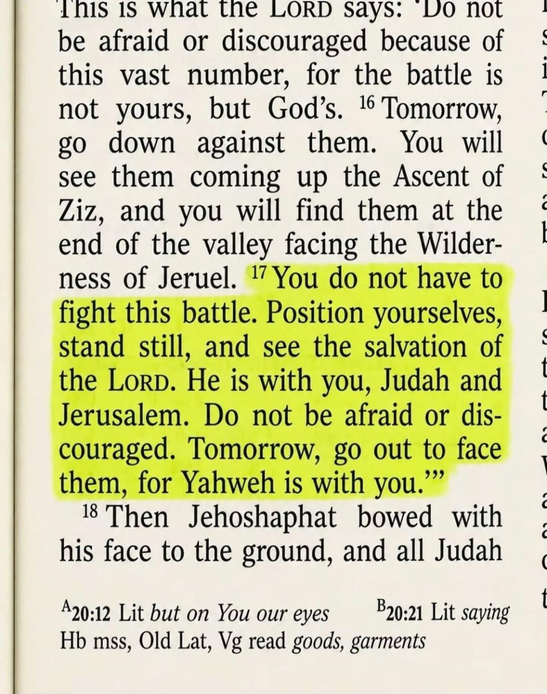 You do not have to fight this battle. Position yourselves, stand still, and see the salvation of the LORD. He is with you, Judah and Jerusalem. Do not be afraid or discouraged. Tomorrow, go out to face them, for Yahweh is with you.