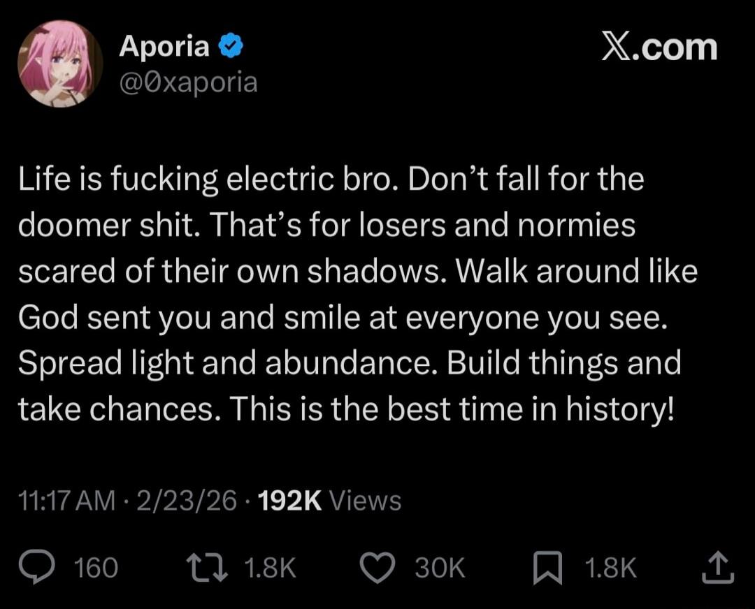 Life is fucking electric bro. Don’t fall for the doomer shit. That’s for losers and normies scared of their own shadows. Walk around like God sent you and smile at everyone you see. Spread light and abundance. Build things and take chances. This is the best time in history!