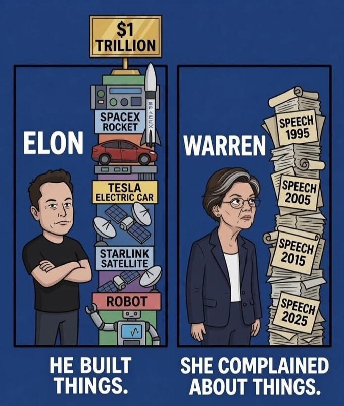 ELON $1 TRILLION SPACEX ROCKET TESLA ELECTRIC CAR STARLINK SATELLITE ROBOT HE BUILT THINGS. WARREN SPEECH 1995 SPEECH 2005 SPEECH 2015 SPEECH 2025 SHE COMPLAINED ABOUT THINGS.