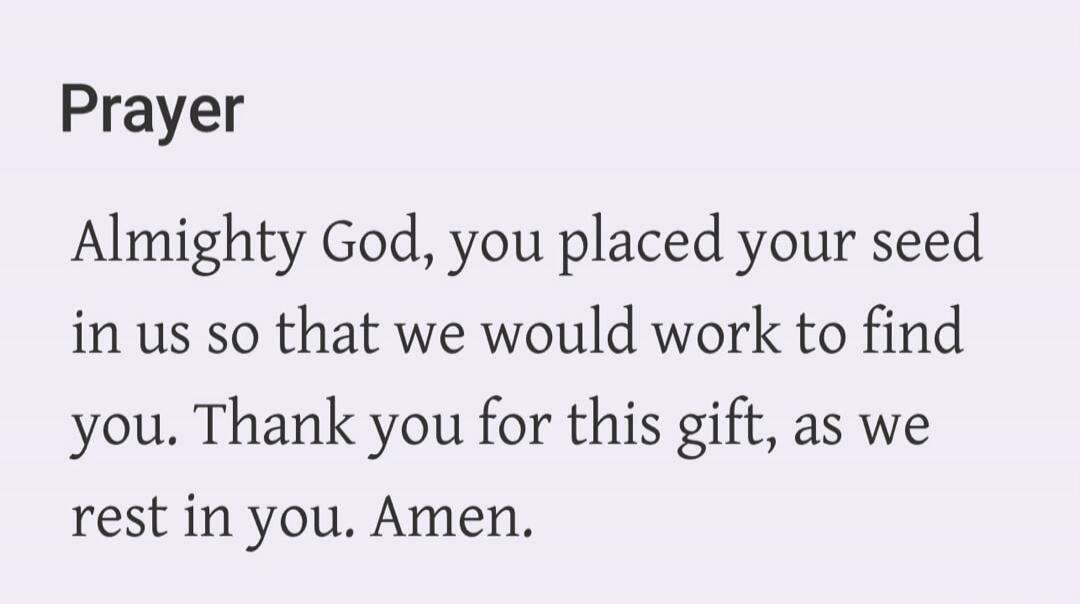 Prayer Almighty God, you placed your seed in us so that we would work to find you. Thank you for this gift, as we rest in you. Amen.