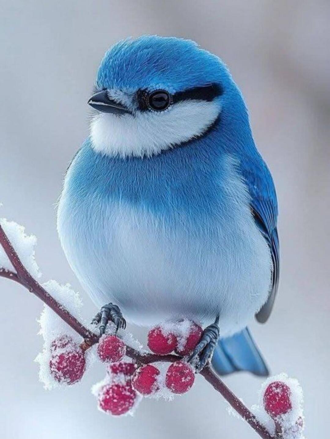 Blue bird perched on a snow-covered branch with red berries.