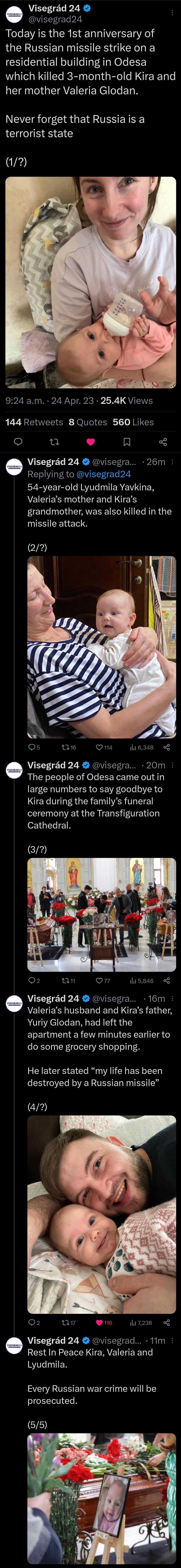 Visegrad 24 ISl T 2i8 Today is the 1st anniversary of the Russian missile strike on a Rl IR oIV eTat RTa N Lo LF which killed 3 month old Kira and LEIENIG G EIAVEIEIENE I EI R Never forget that Russia is a terrorist state VK 924 am 24 Apr 23 254K Views 144 Retweets 8 Quotes 560 Likes u L J R Visegrad 24 visegra 26m RE LA V e 54 year old Lyudmila Yavkina VEIEECT el GEERNE S grandmother was also kil