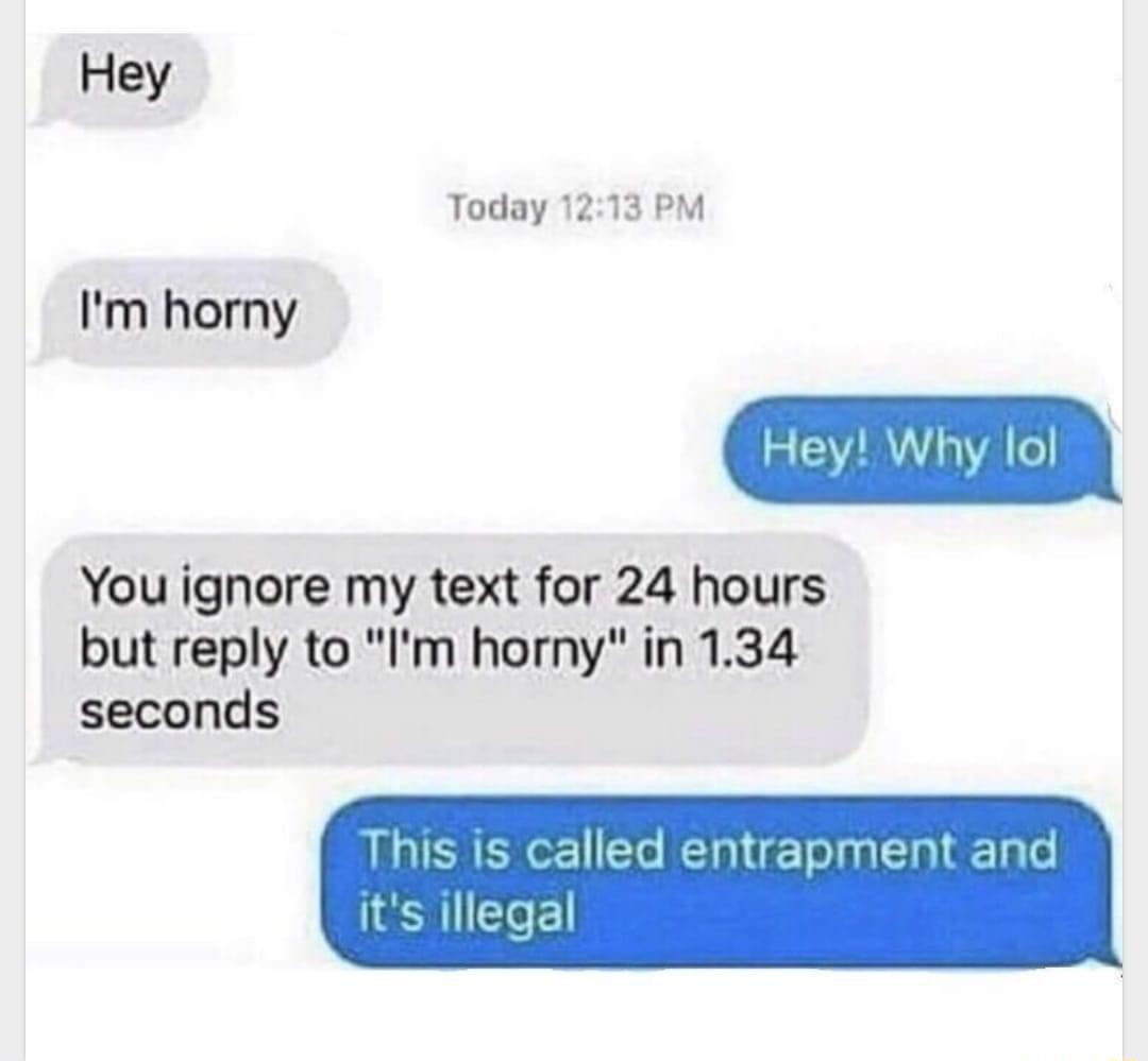 Today 1213 PM You ignore my text for 24 hours but reply to Im horny in 134 seconds Im horny llegal