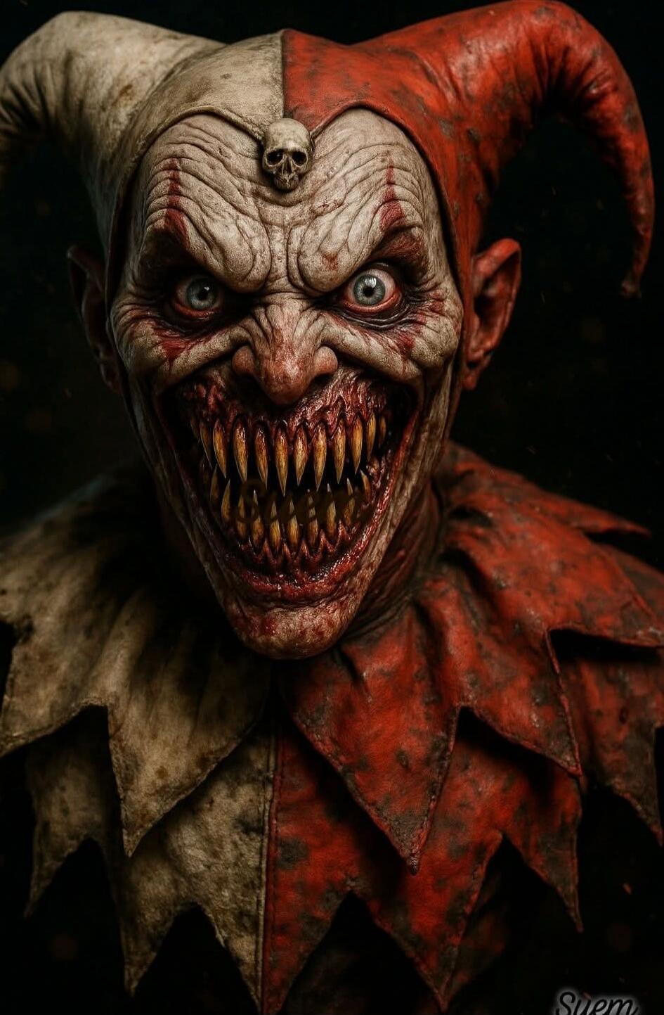 A terrifying clown character with enormous sharp teeth and a skull on its hat.