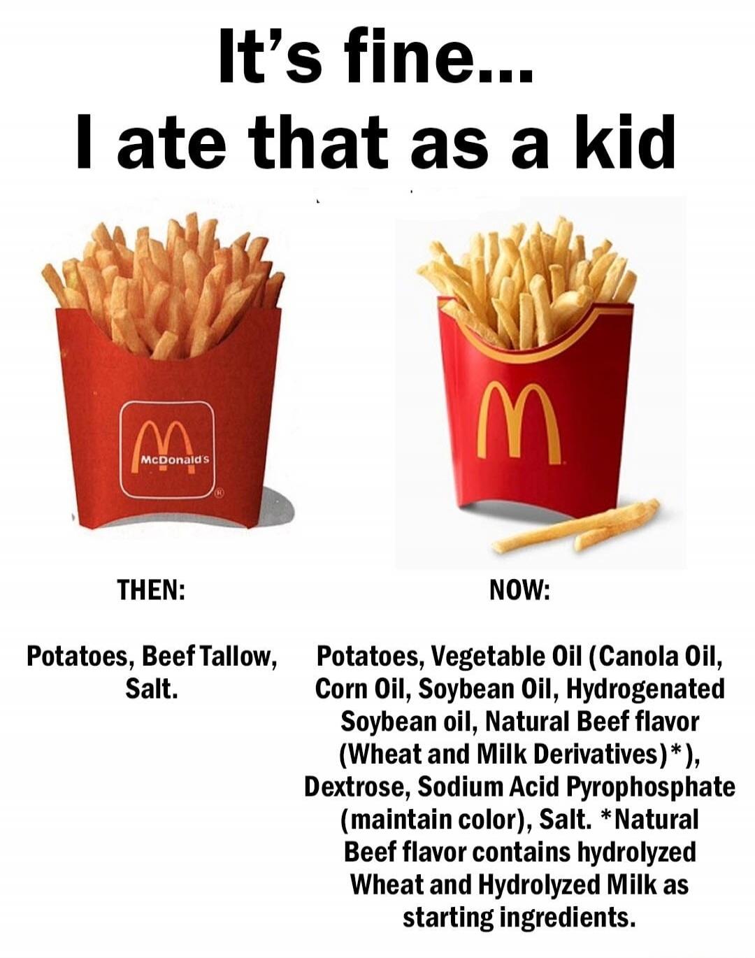 It's fine... I ate that as a kid. THEN: Potatoes, Beef Tallow, Salt. NOW: Potatoes, Vegetable Oil (Canola Oil, Corn Oil, Soybean Oil, Hydrogenated Soybean oil, Natural Beef flavor (Wheat and Milk Derivatives)*), Dextrose, Sodium Acid Pyrophosphate (maintain color), Salt. *Natural Beef flavor contains hydrolyzed Wheat and Hydrolyzed Milk as starting