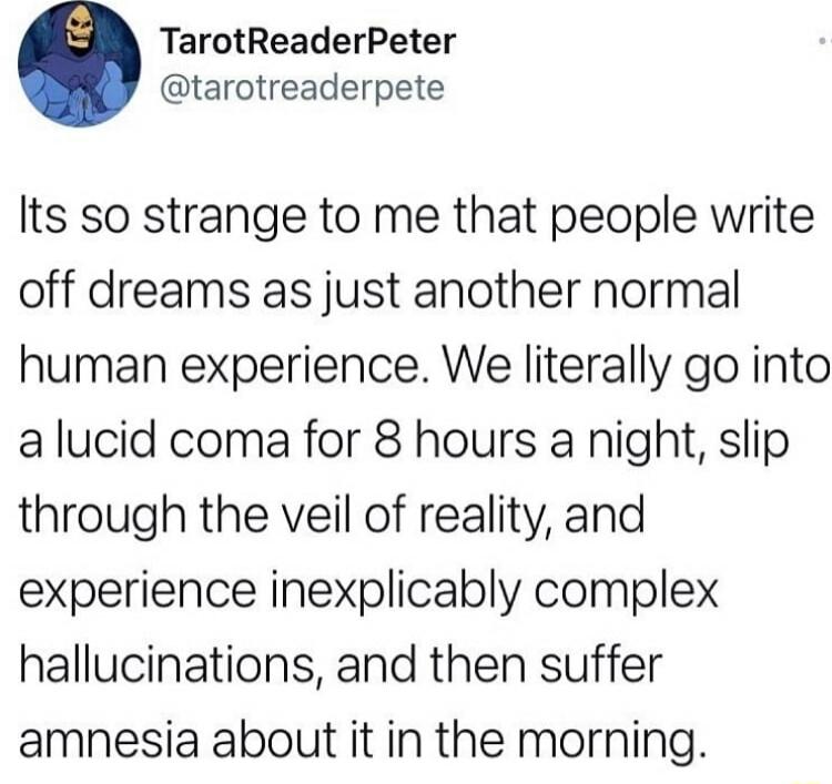 TarotReaderPeter tarotreaderpete Its so strange to me that people write off dreams as just another normal human experience We literally go into alucid coma for 8 hours a night slip through the veil of reality and experience inexplicably complex hallucinations and then suffer amnesia about it in the morning