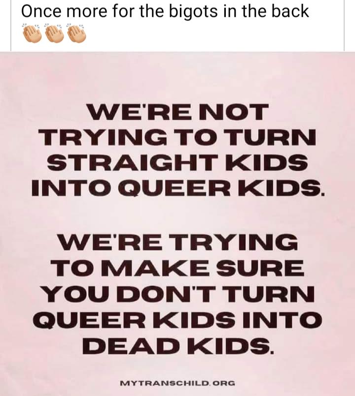 Once more for the bigots in the back WERE NOT TRYING TO TURN STRAIGHT KIDS INTO QUEERKIDS WERE TRYING TO MAKE SURE YOU DONT TURN QUEERKIDSINTO DEAD KIDS MYTRANSCHILD ORG