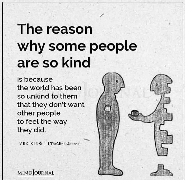 The reason why some people are so kind is because the world has been so unkind to them that they dont want other people to feel the way they did VEX KING TheMindsJournal MINDOURNAL