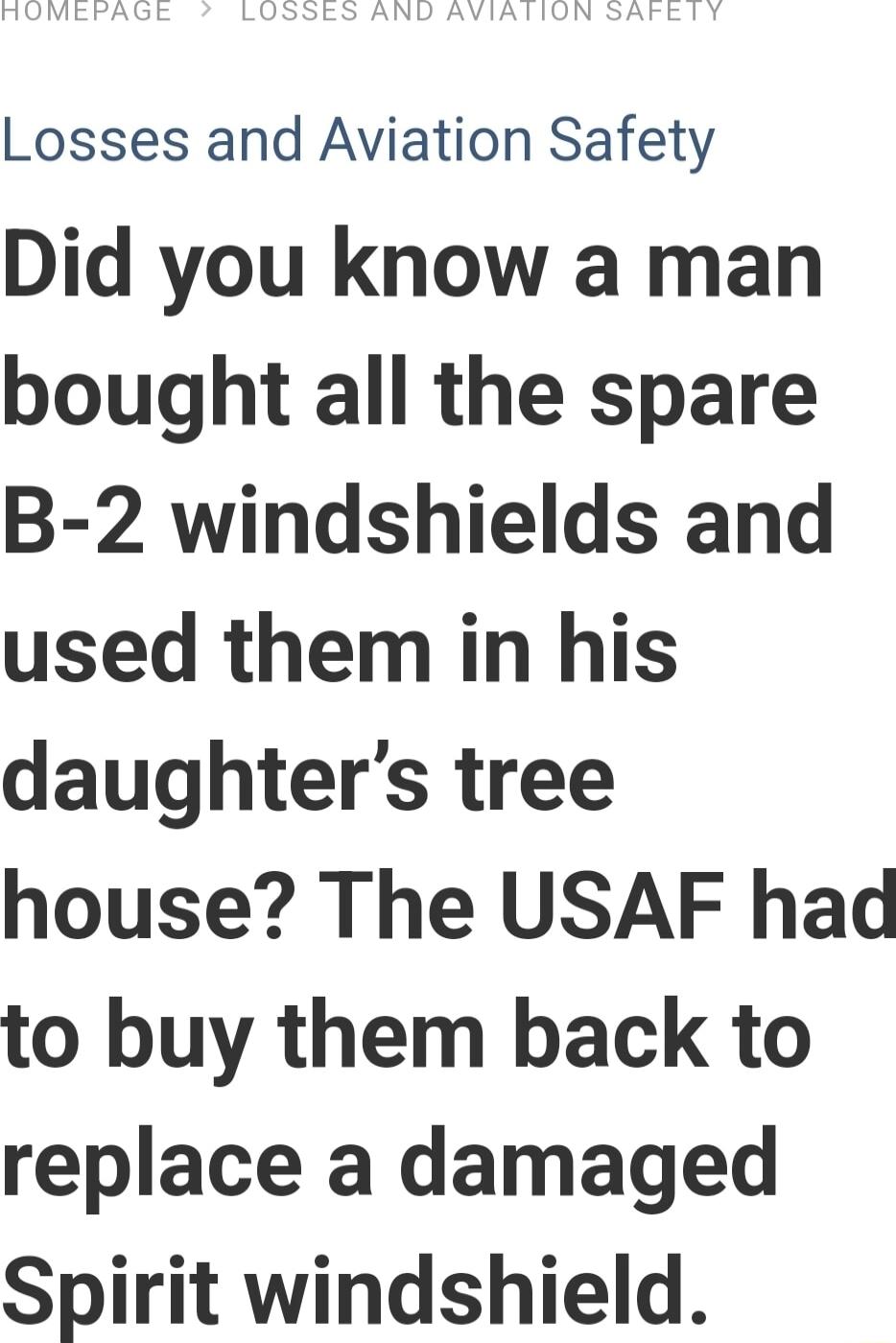 Losses and Aviation Safety Did you know a man bought all the spare B 2 windshields and used them in his daughters tree house The USAF had to buy them back to replace a damaged Spirit windshield