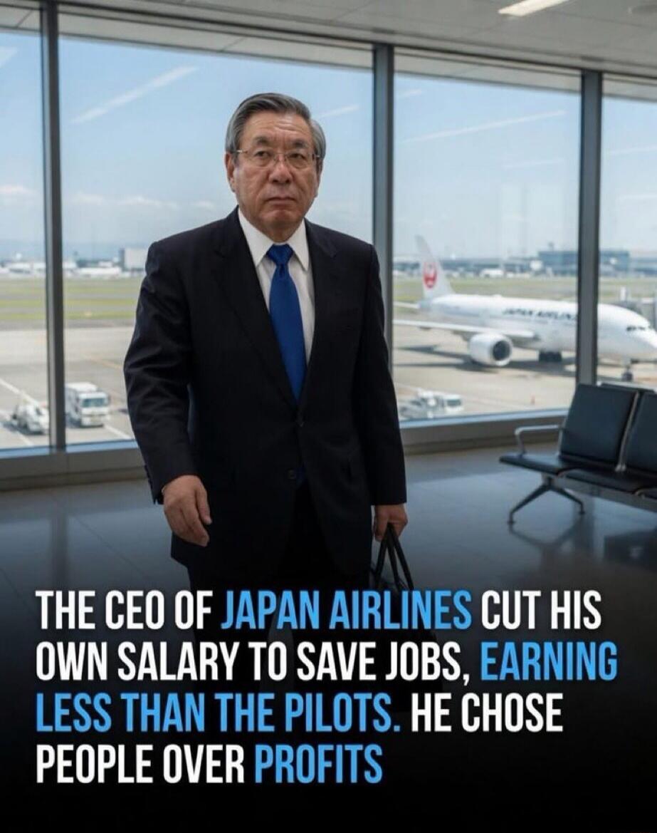 THE CEO OF JAPAN AIRLINES CUT HIS OWN SALARY TO SAVE JOBS, EARNING LESS THAN THE PILOTS. HE CHOSE PEOPLE OVER PROFITS