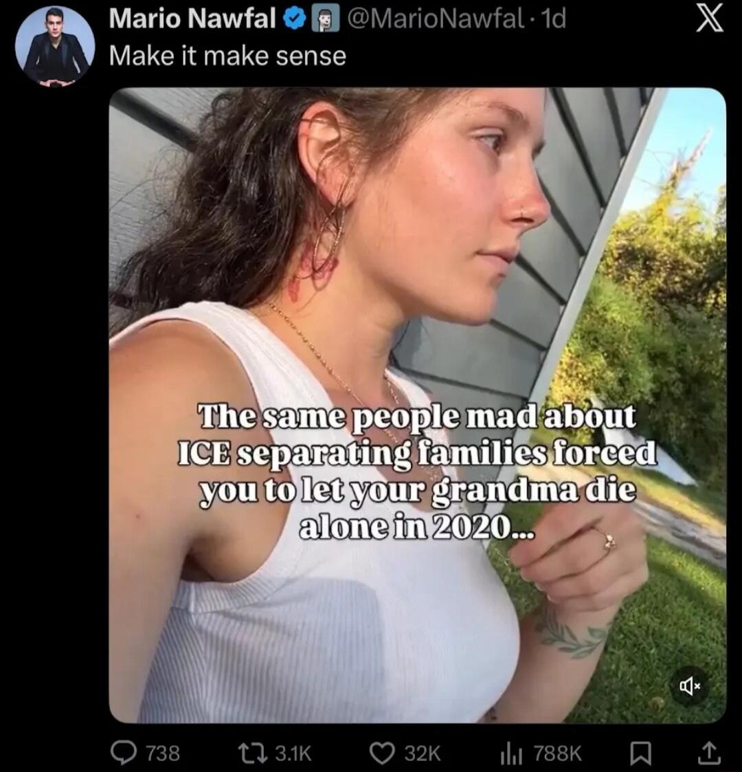 Make it make sense. The same people mad about ICE separating families forced you to let your grandma die alone in 2020...