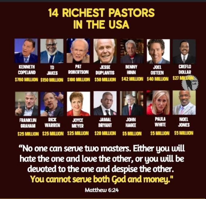 14 RICHEST PASTORS IN THE USA FERRE i g Rl L LEa No one can serve two masters Either you will hate the one and love the other or you will be devoted to the one and despise the other You cannot serve both God and money Matthew 624