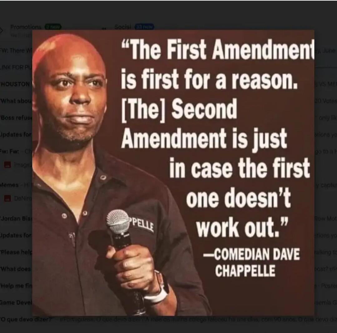 The First Amendment is first for a reason. The Second Amendment is just in case the first one doesn't work out. -Comedian Dave Chappelle