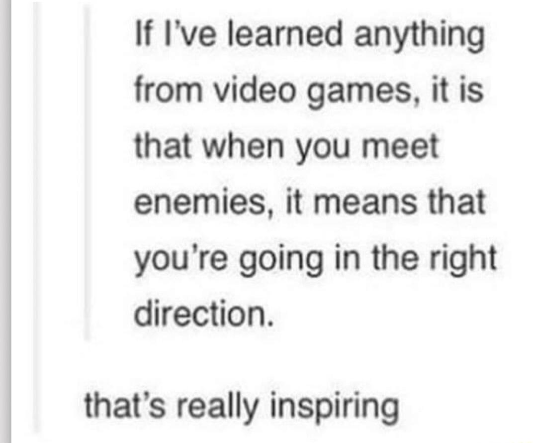 If Ive learned anything from video games it is that when you meet enemies it means that youre going in the right direction thats really inspiring