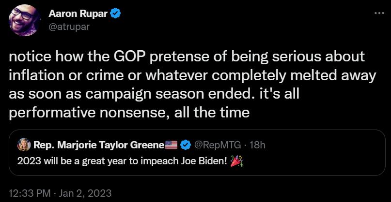 notice how the GOP pretense of being serious about inflation or crime or whatever completely melted away as soon as campaign season ended its all performative nonsense all the time Rep Marjoie Taylor Greene 7c5111G 61 PR