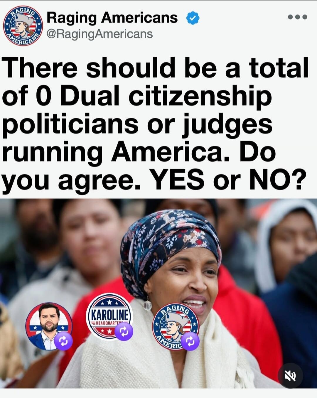 Raging Americans @RagingAmericans There should be a total of 0 Dual citizenship politicians or judges running America. Do you agree. YES or NO?