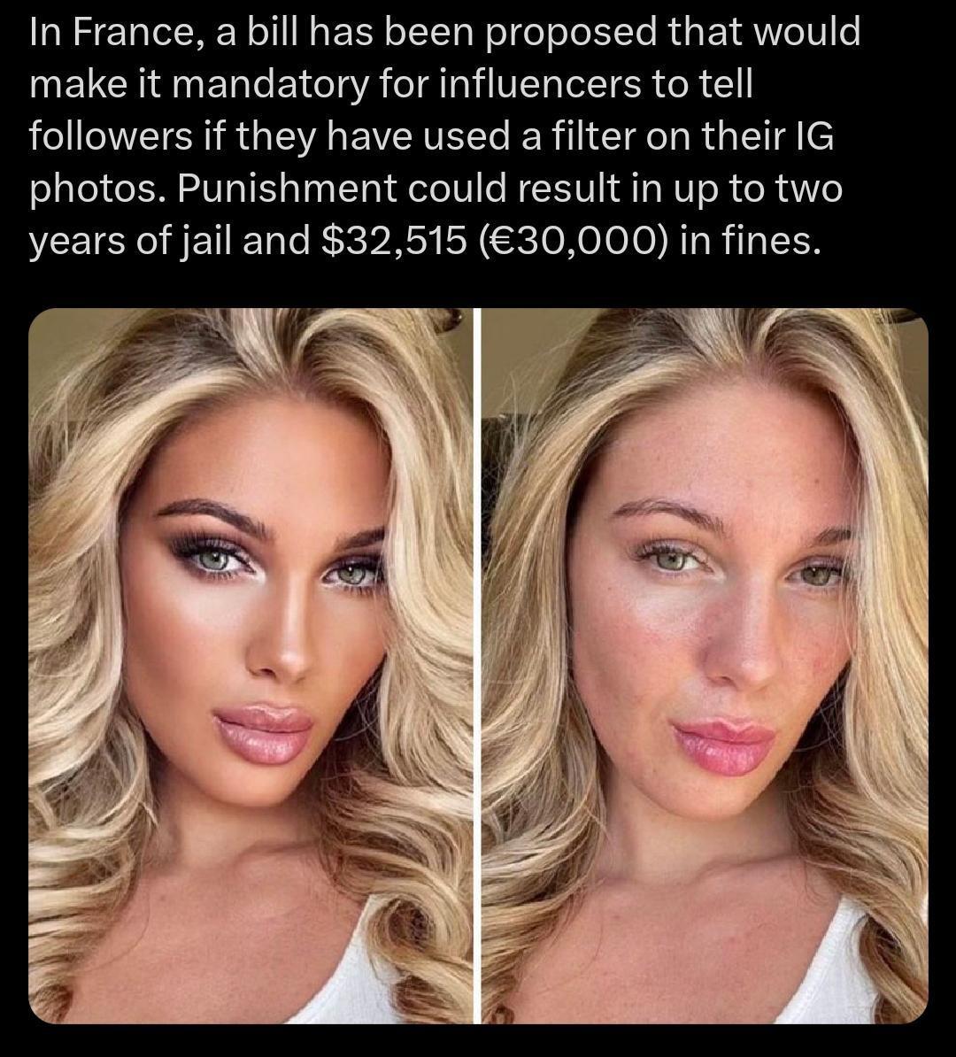In France a bill has been proposed that would make it mandatory for influencers to tell followers if they have used a filter on their IG photos Punishment could result in up to two years of jail and 32515 30000 in fines
