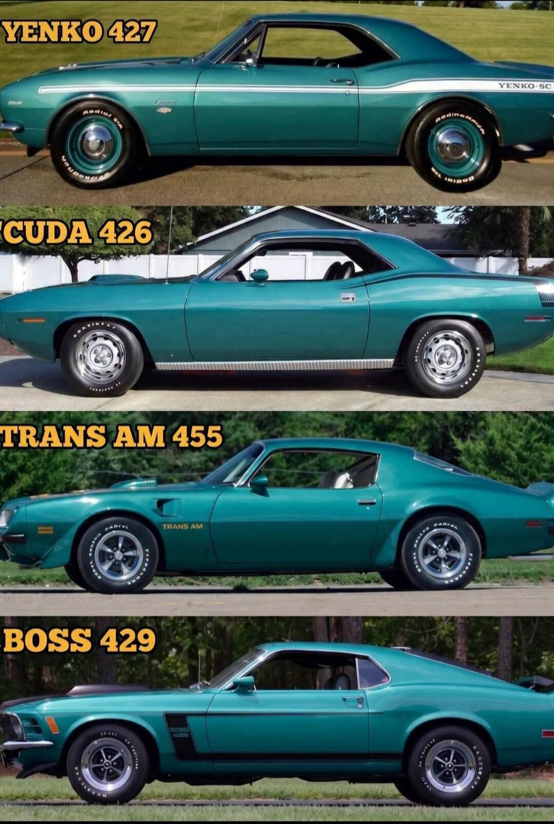 YENKO 427, CUDA 426, TRANS AM 455, BOSS 429. The image displays four classic American muscle cars: a Yenko 427, a 'Cuda 426, a Trans Am 455, and a Boss 429.