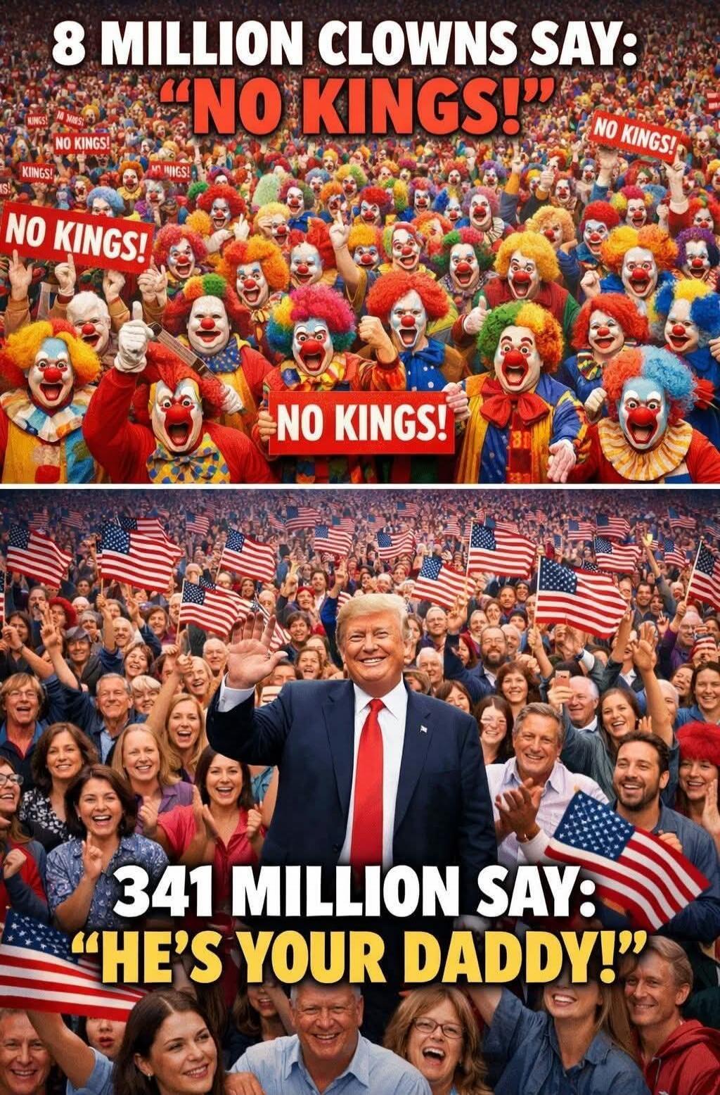 8 MILLION CLOWNS SAY: 'NO KINGS!' NO KINGS! 341 MILLION SAY: 'HE'S YOUR DADDY!'