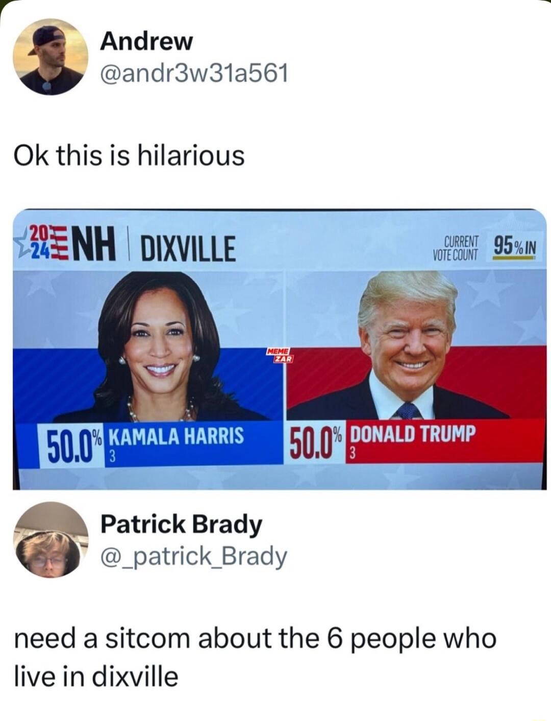 K Andrew andr3w31a561 Ok this is hilarious HENH DixviLLE suu KAMALA HARRIS suul DONALD TRUMP Patrick Brady _patrick Brady need a sitcom about the 6 people who live in dixville