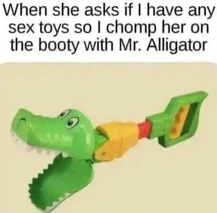 When she asks if I have any sex toys so I chomp her on the booty with Mr. Alligator
