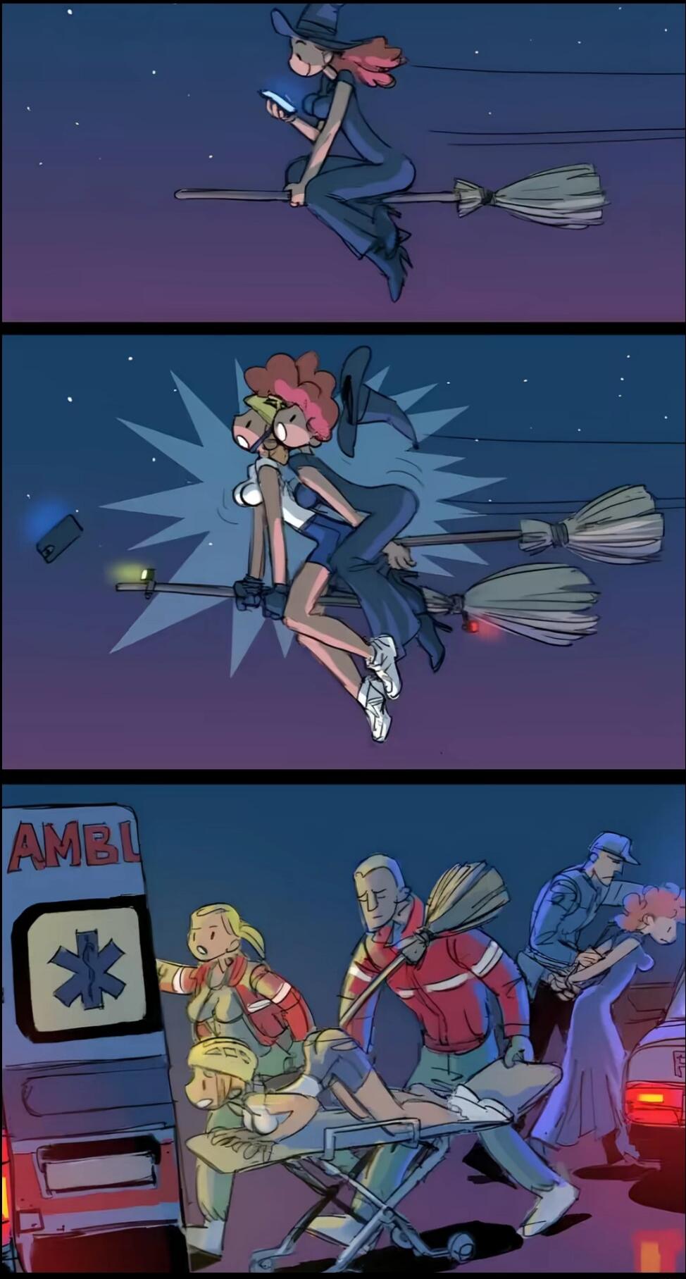 A cartoon shows a witch-like character flying on a broom in the top panels, followed by a mid-panel collision scene with another witch on a broom, and the bottom panel depicts medics and firefighters rushing an injured person toward an ambulance as bystanders look on.