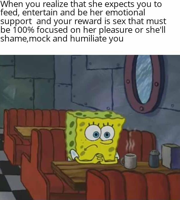 When you realize that she expects you to feed entertain and be her emotional support and your reward is sex that must be 100 focused on her pleasure or shell shamemock and humiliate you