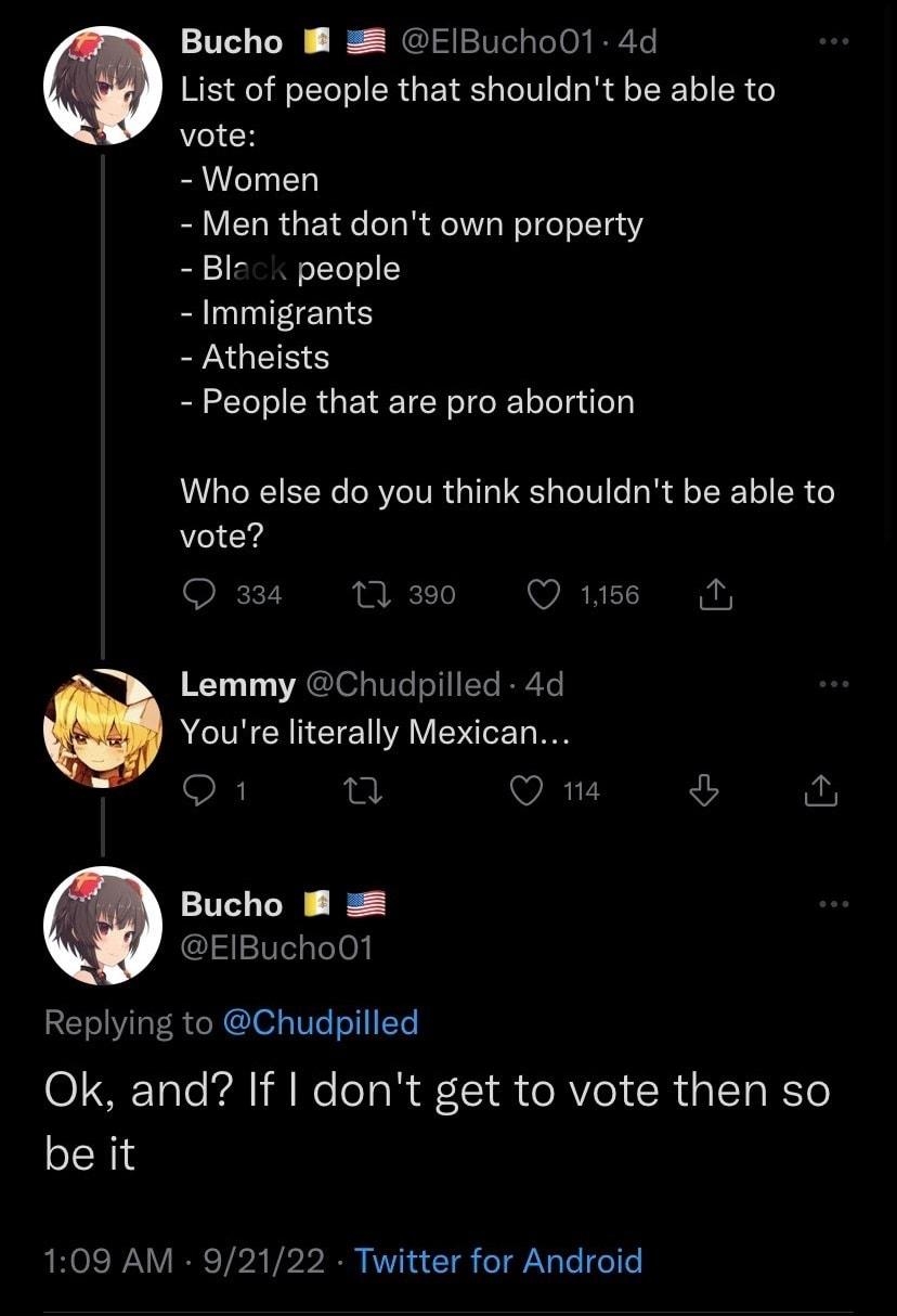 Bucho B 3R EBuchoO1 4d List of people that shouldnt be able to vote Women Men that dont own property Bl people Immigrants Atheists People that are pro abortion Who else do you think shouldnt be able to vote Q naw Qs Lemmy Chudpilled 4d Youre literally Mexican OF n Q na 5 P Bucho B EIBucho01 Replying to Chudpilled Ok and If dont get to vote then so be it 109 AM 92122 Twitter for Android ELENEE SR J
